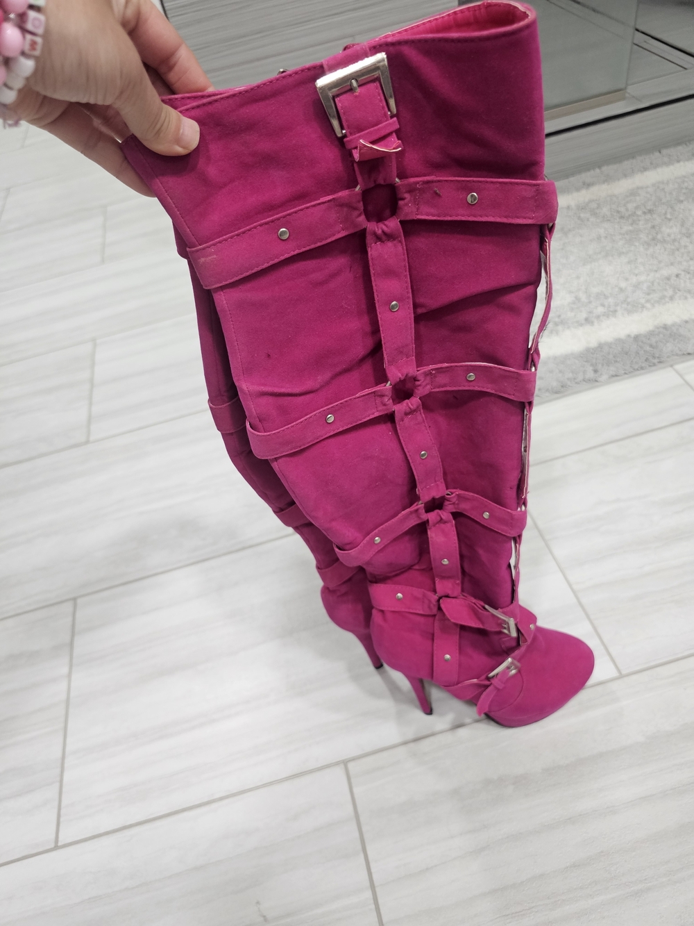 Fuchsia Strappy Thich-High Stiletto Boot Pink